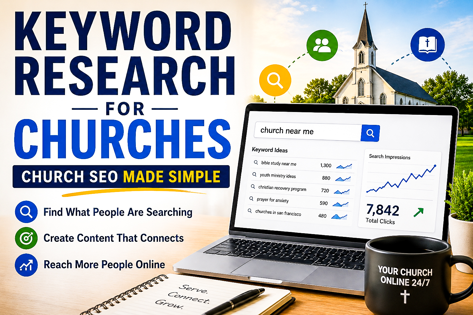 Keyword research for churches showing church SEO strategies, Google search visibility, and how churches can reach more people online.
