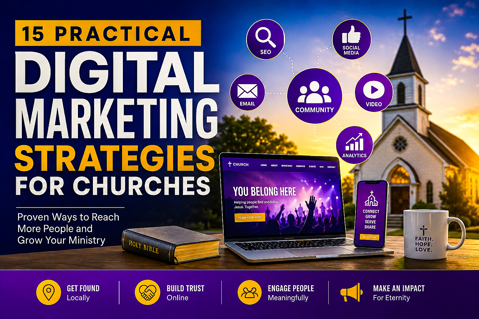 Digital marketing strategies for churches featuring SEO, email, social media, video, analytics, and community engagement