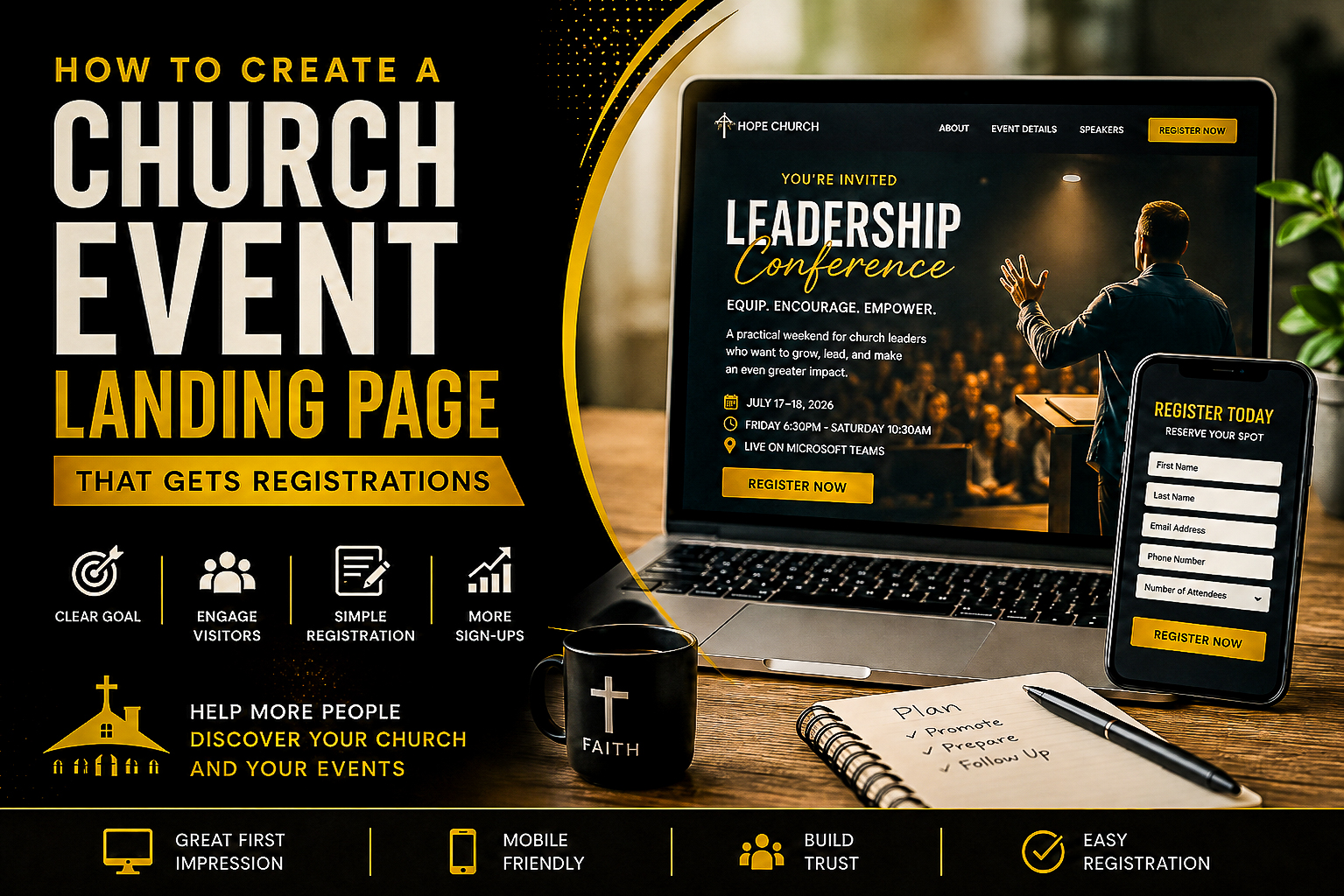 Church event landing page displayed on a laptop and smartphone with registration buttons and event details.