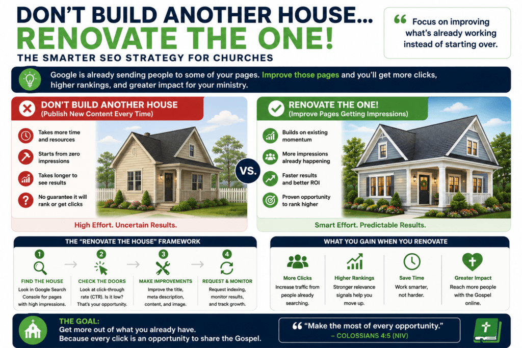 Infographic showing the Renovate the House SEO framework for churches, comparing updating existing high-impression pages versus creating new content to improve Google rankings and increase website traffic.