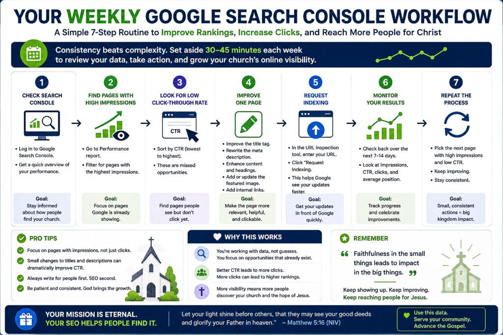 Infographic showing a seven-step weekly Google Search Console workflow for churches, including reviewing search performance, finding high-impression pages, improving click-through rate, requesting indexing, monitoring results, and repeating the process.