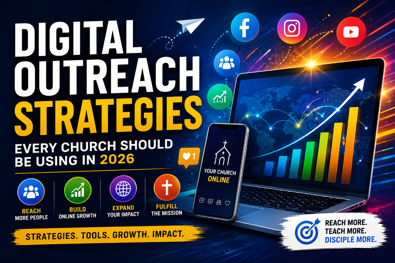 Alt Text: Digital outreach strategies graphic showing church online growth, social media marketing, SEO, and digital ministry tools for churches in 2026.