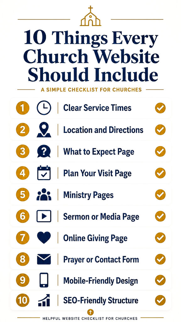 Infographic showing 10 things every church website needs, including service times, clear navigation, mobile-friendly design, and next steps for visitors.