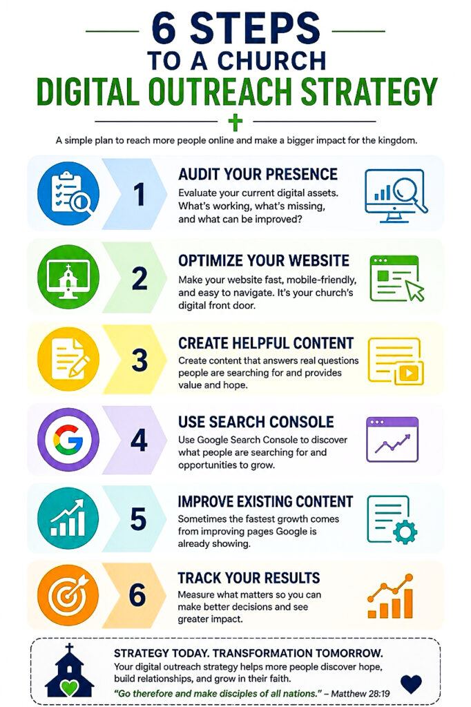Church digital outreach strategy infographic showing six steps including auditing your digital presence, optimizing your website, creating content, using Google Search Console, improving existing content, and tracking results.
