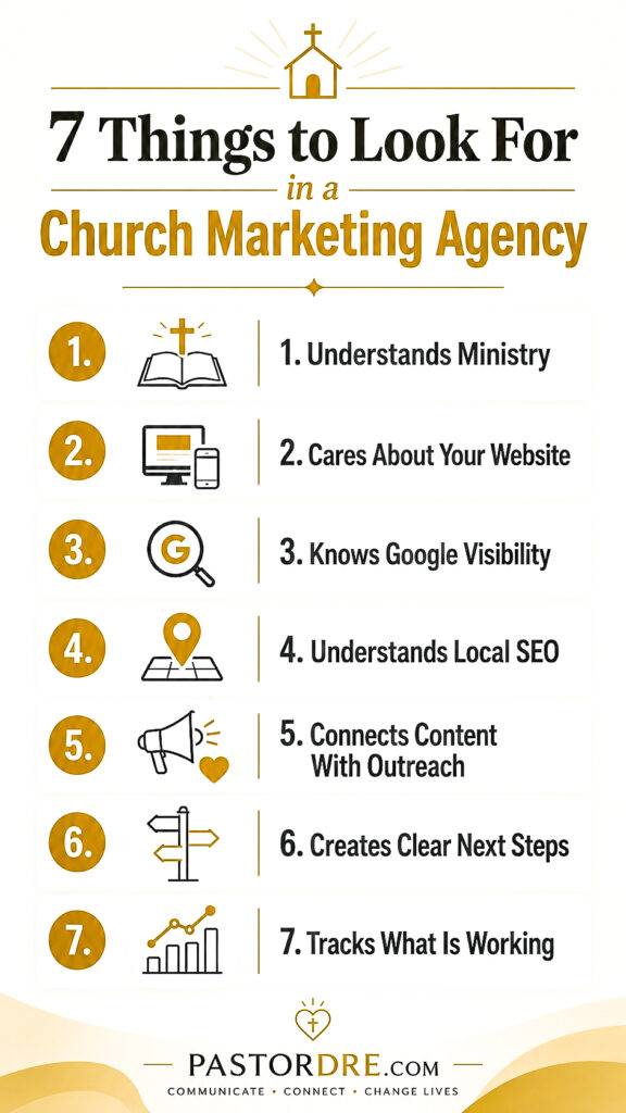 Infographic showing seven things to look for in a church marketing agency, including ministry understanding, website strategy, Google visibility, local SEO, outreach content, clear next steps, and tracking results.