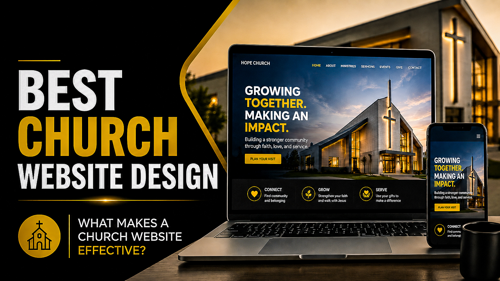 Featured image for best church website design showing a modern church website on a laptop and mobile phone with a church building in the background.