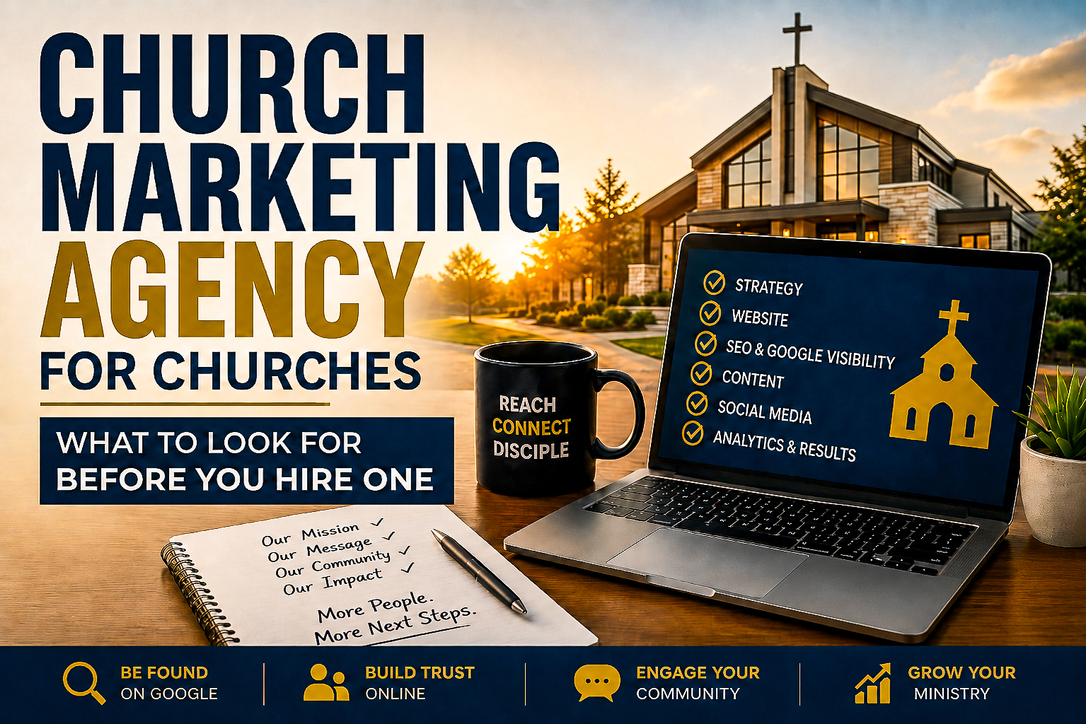 Featured image for a church marketing agency article showing a modern church, laptop checklist, and digital marketing elements for churches.