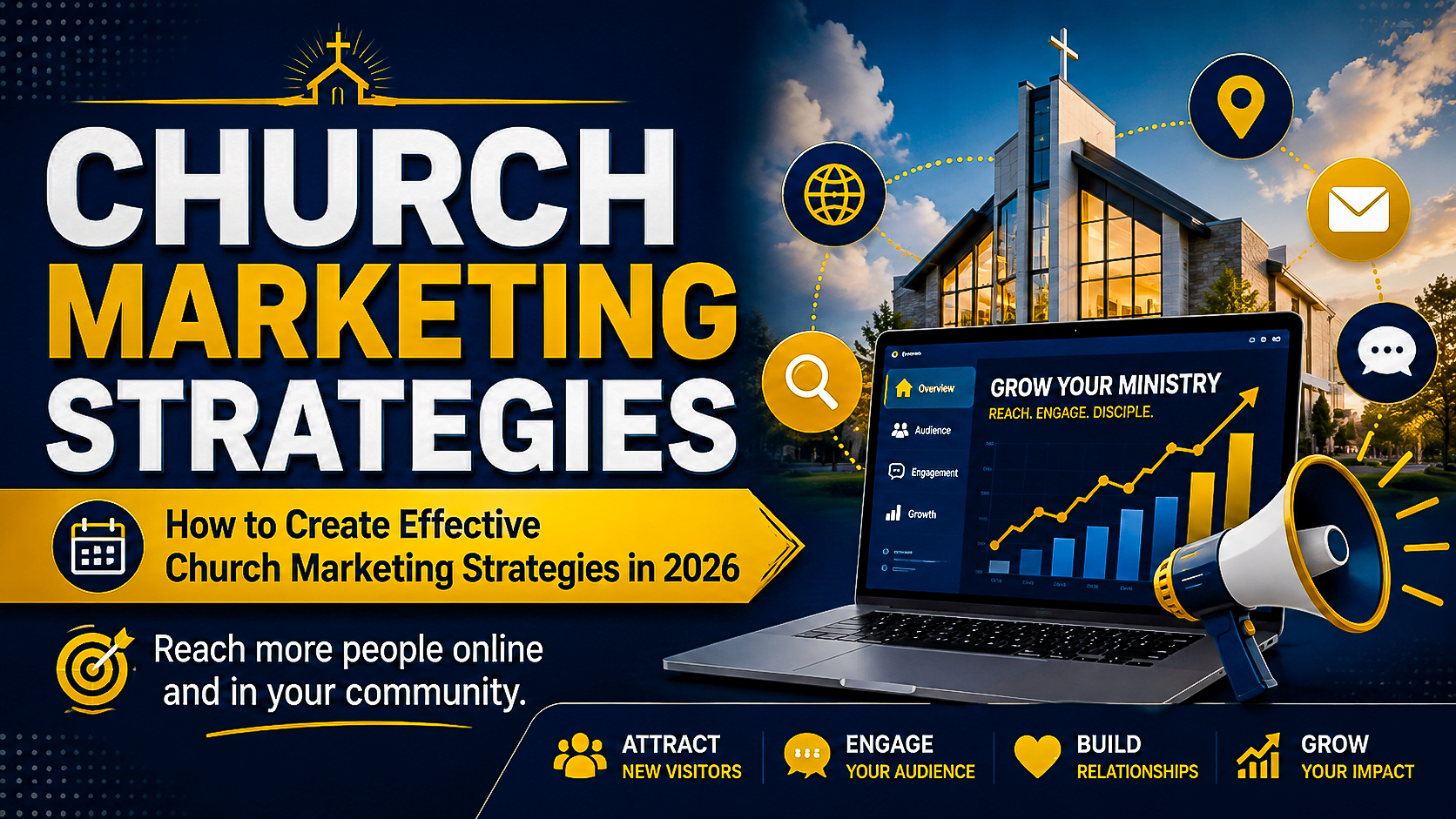 Featured image for church marketing strategies in 2026 showing a church, marketing dashboard, megaphone, digital icons, and growth graphics.