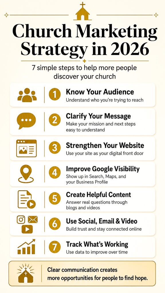 Infographic showing seven steps for creating a church marketing strategy in 2026, including knowing your audience, clarifying your message, strengthening your website, improving Google visibility, creating helpful content, using social media and email, and tracking results.