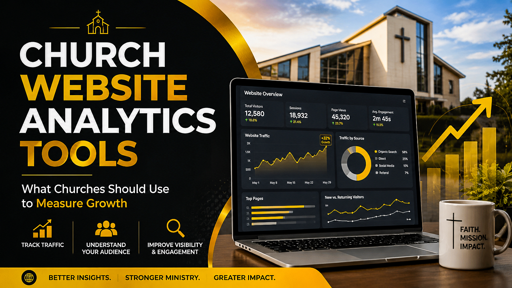 Church website analytics tools showing a modern church, website dashboard, traffic charts, and growth metrics for measuring digital outreach.