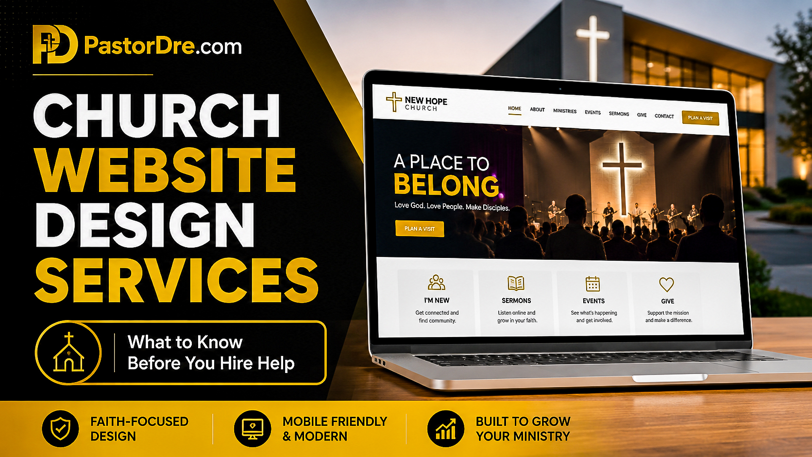 Featured image for church website design services showing a modern church website on a laptop, a church building, and design elements for mobile-friendly ministry growth.