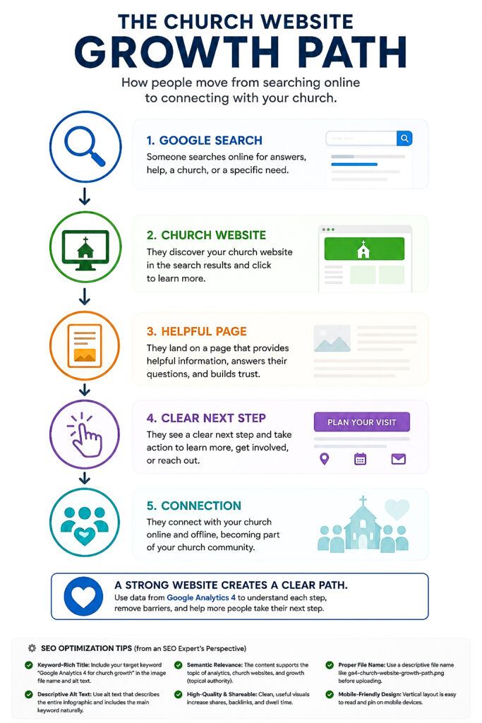 Infographic showing the church website growth path from Google Search to a church website, helpful page, clear next step, and connection using Google Analytics 4 for church growth.