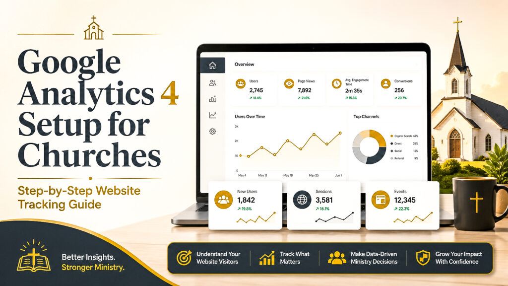 Featured image for Google Analytics 4 setup for churches showing a church website analytics dashboard with charts, visitor data, and a church building.