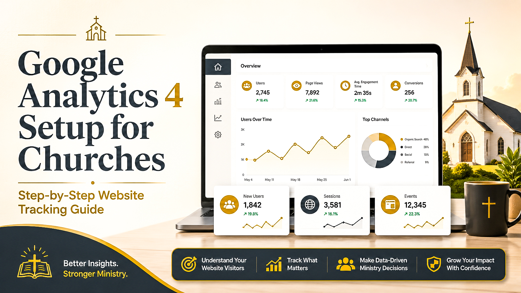 Featured image for Google Analytics 4 setup for churches showing a church website analytics dashboard with charts, visitor data, and a church building.