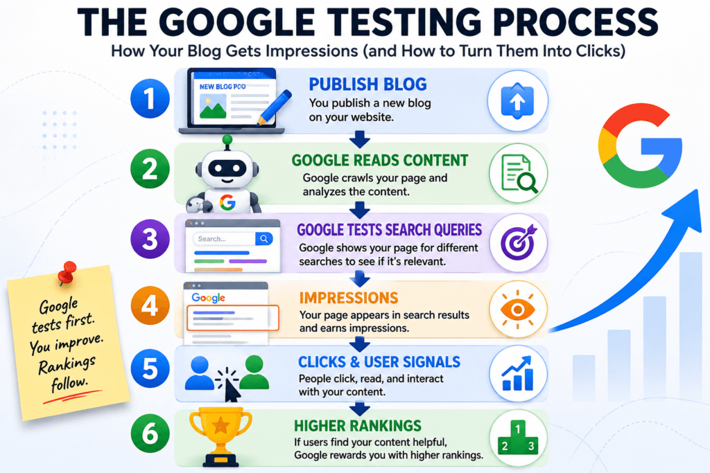 Diagram showing how Google reads content, tests search queries, generates impressions, measures clicks, and increases rankings