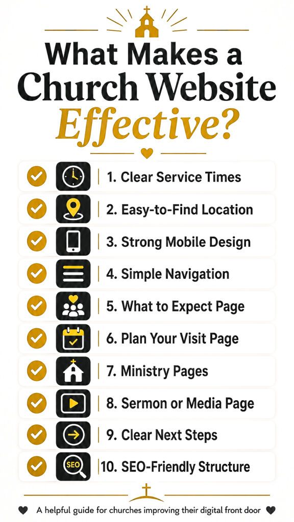 Infographic showing what makes a church website effective, including clear service times, easy-to-find location, mobile design, simple navigation, visitor pages, ministry pages, sermons, next steps, and SEO-friendly structure.
