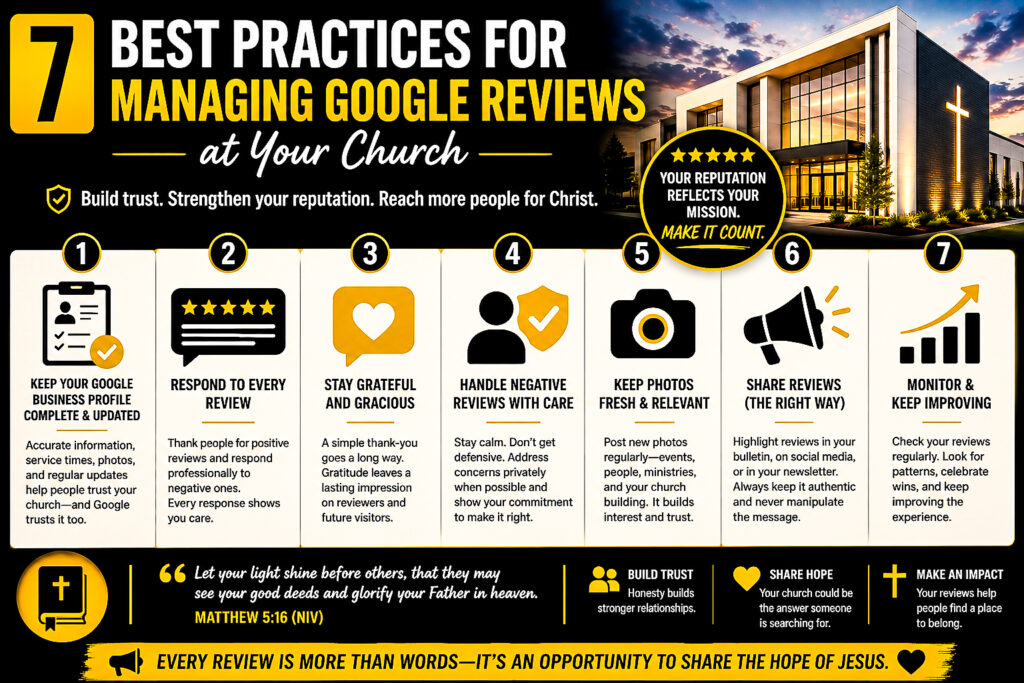 Infographic showing seven best practices for managing Google reviews at a church, including keeping the profile updated, responding to reviews, handling negative feedback carefully, sharing reviews appropriately, and monitoring progress.