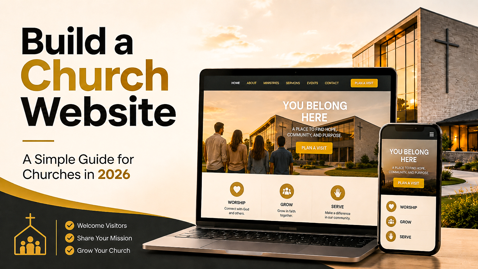 Featured image for a build a church website guide showing a modern church website on a laptop and phone with people looking at a church building.