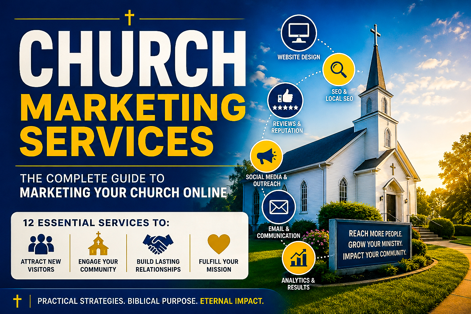 Church marketing services guide featuring church website design, SEO, social media, email marketing, online advertising, reviews, and analytics