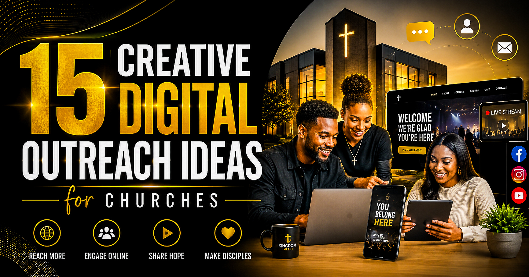15 creative digital outreach ideas for churches featuring a church media team, website, livestream, social media, and online ministry tools.