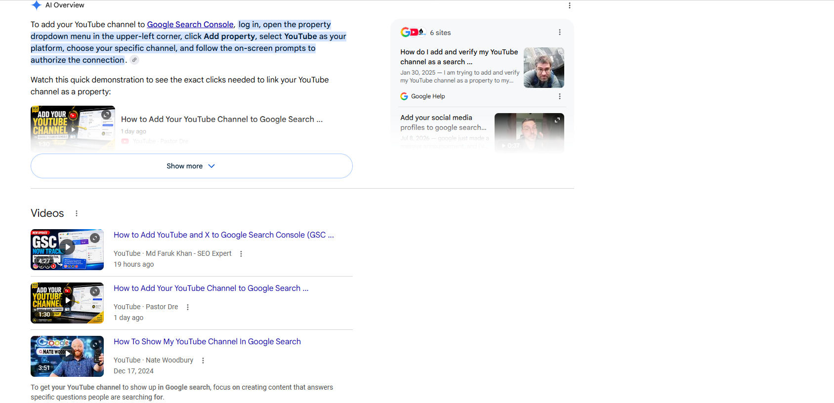 Pastor Dre blog and YouTube video ranking prominently in Google Search results for adding YouTube to Search Console