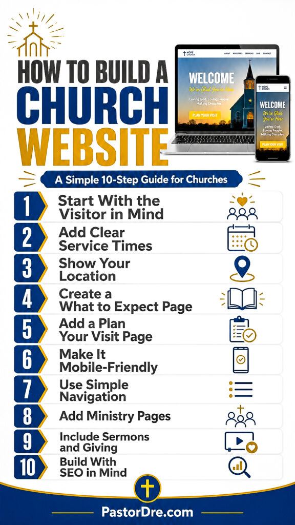 Infographic showing how to build a church website with a simple 10-step guide for churches, including service times, location, visitor pages, mobile-friendly design, ministry pages, sermons, giving, and SEO.