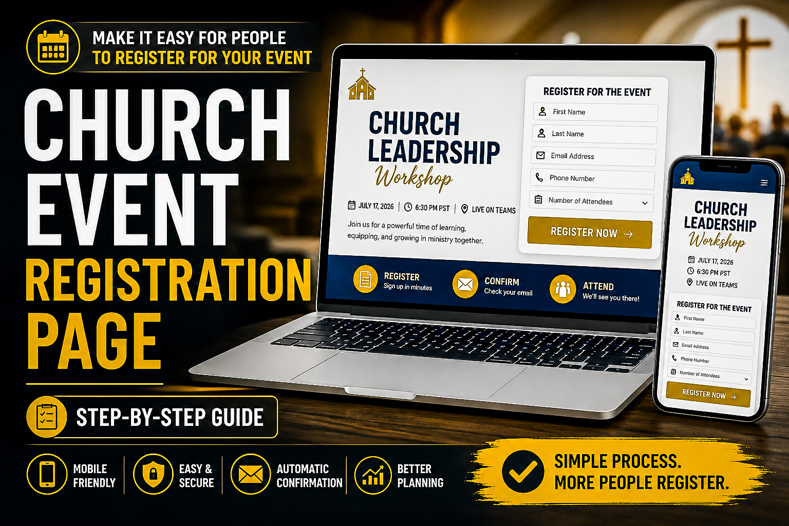 Laptop and smartphone displaying a mobile-friendly church event registration page with a registration form
