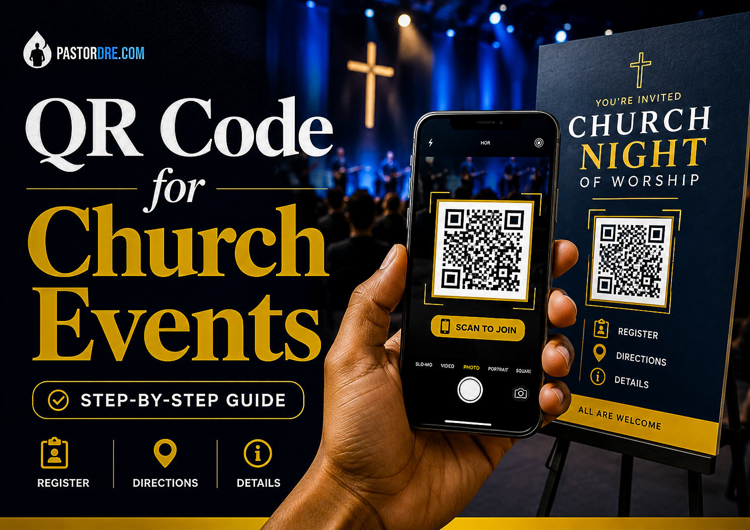 Phone scanning a QR code for church event registration, directions, and event details