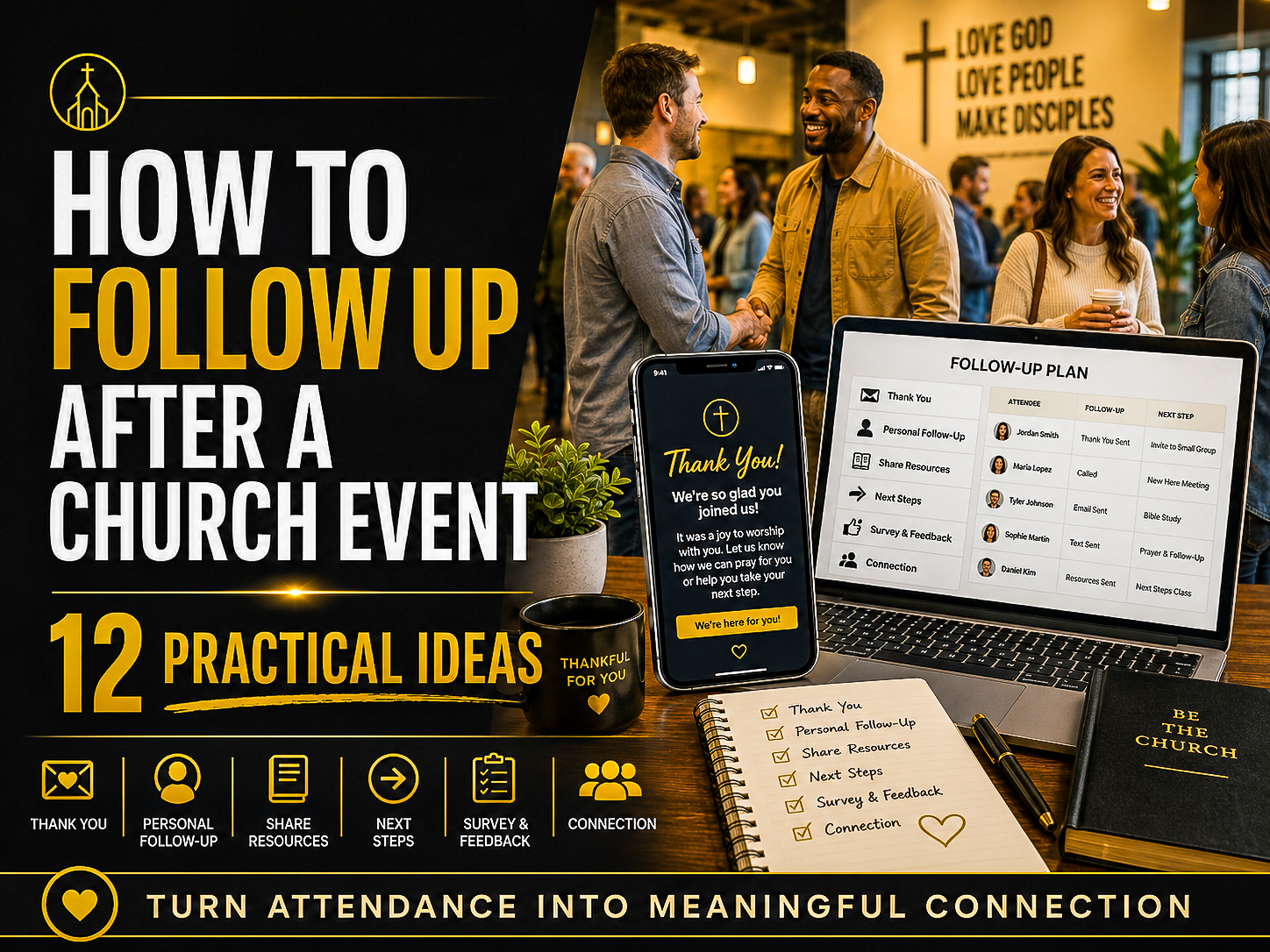 Church event follow-up graphic showing attendees connecting, a thank-you message, a follow-up plan, and 12 practical ideas for building meaningful relationships after an event.