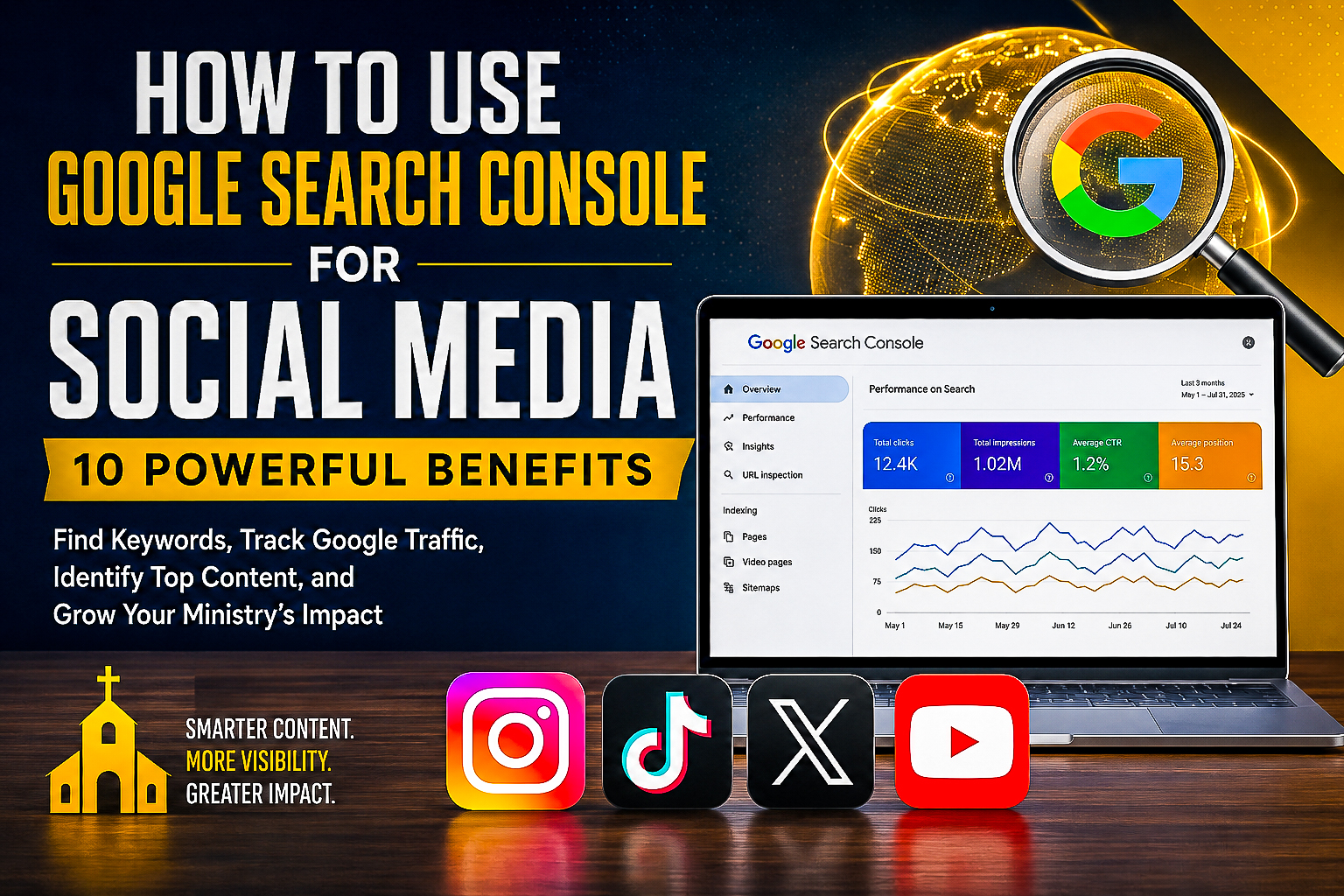 Featured image showing Google Search Console with Instagram, TikTok, X, and YouTube icons for a guide on using Search Console for social media.