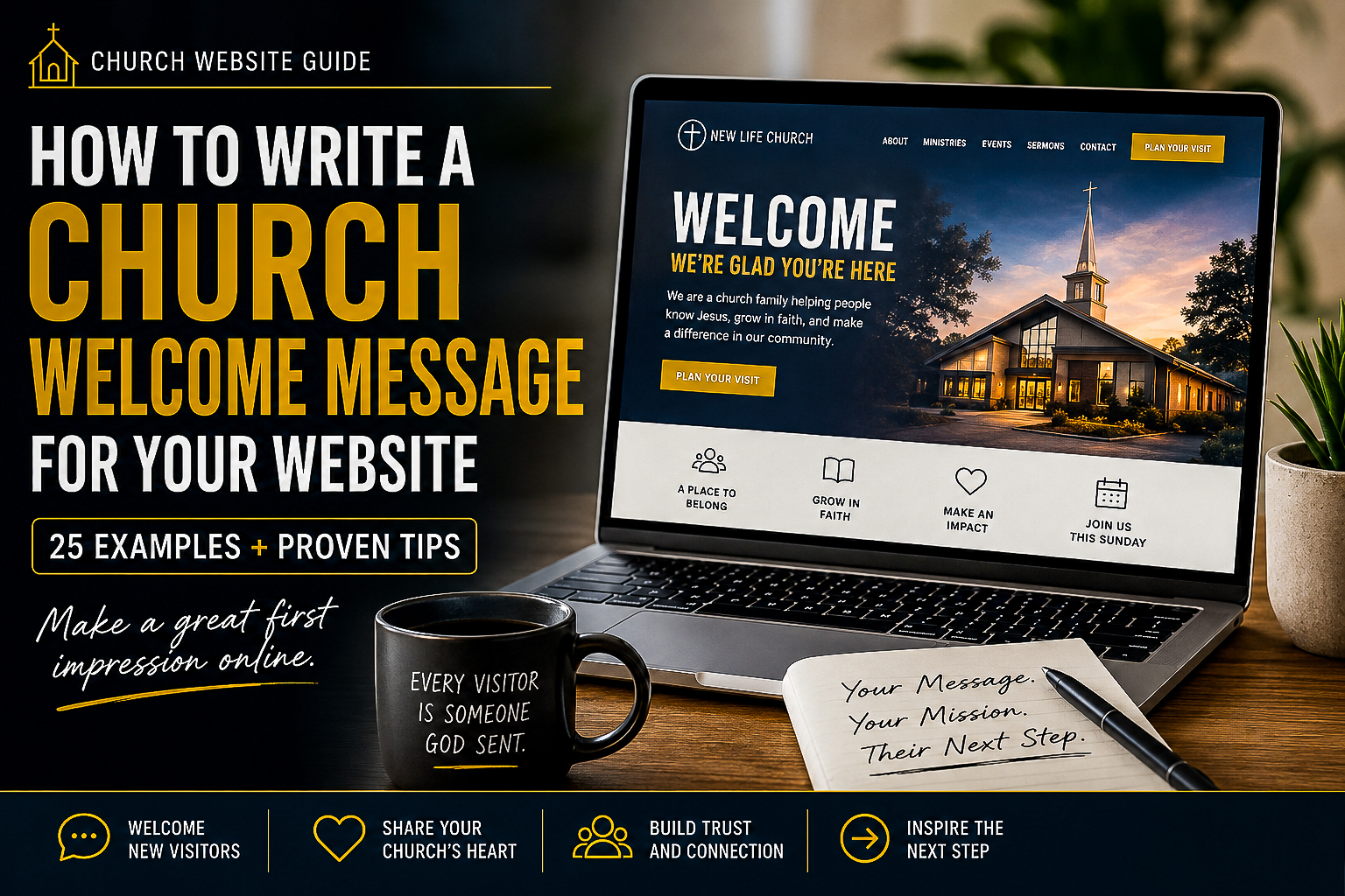 Laptop displaying a church website welcome page with the title "How to Write a Church Welcome Message for Your Website" and tips for welcoming first-time visitors.