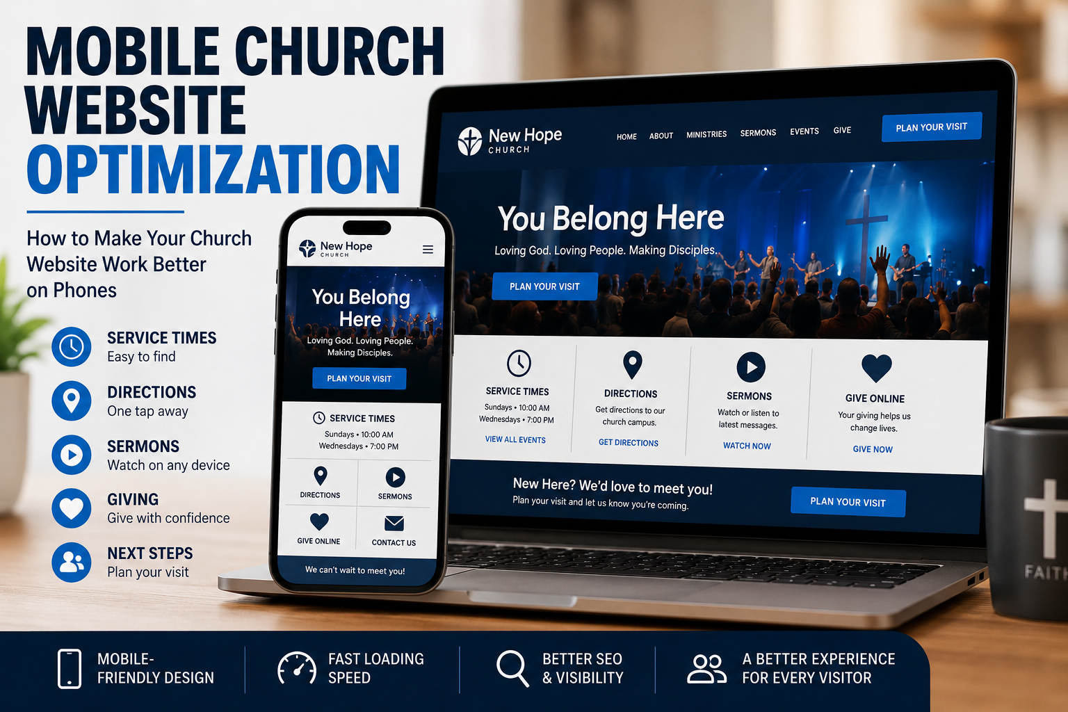 Featured image for mobile church website optimization showing a church website displayed on a phone and laptop with service times, directions, sermons, giving, and next steps.