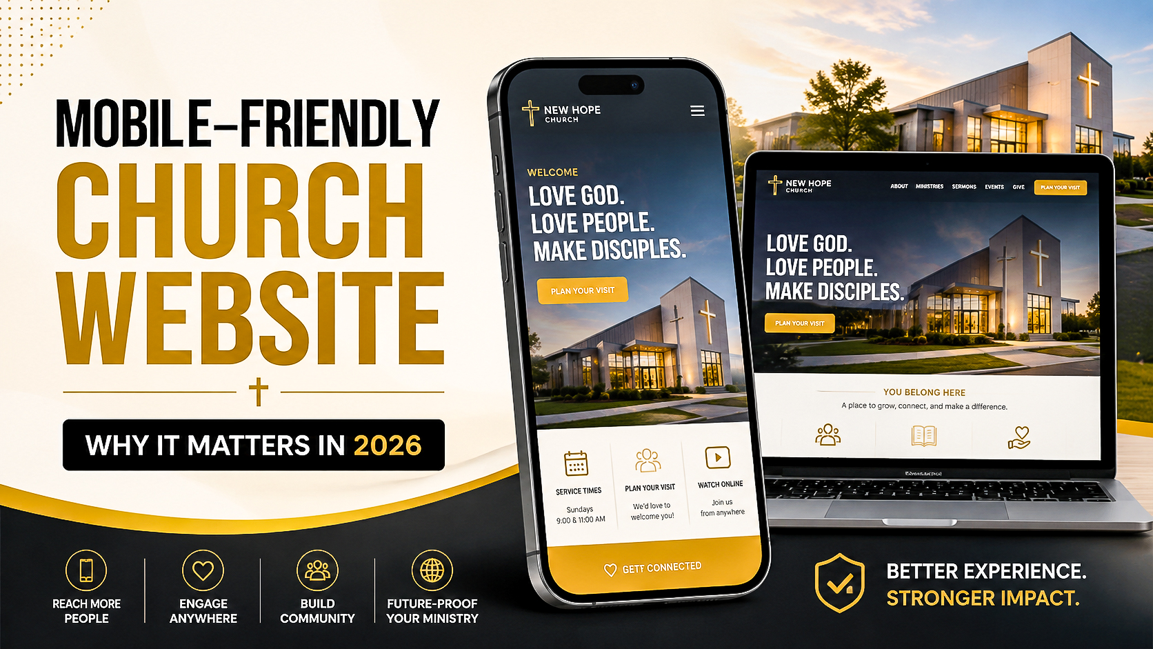 Featured image for a mobile-friendly church website showing a church website displayed on a phone and laptop with clear visitor next steps.