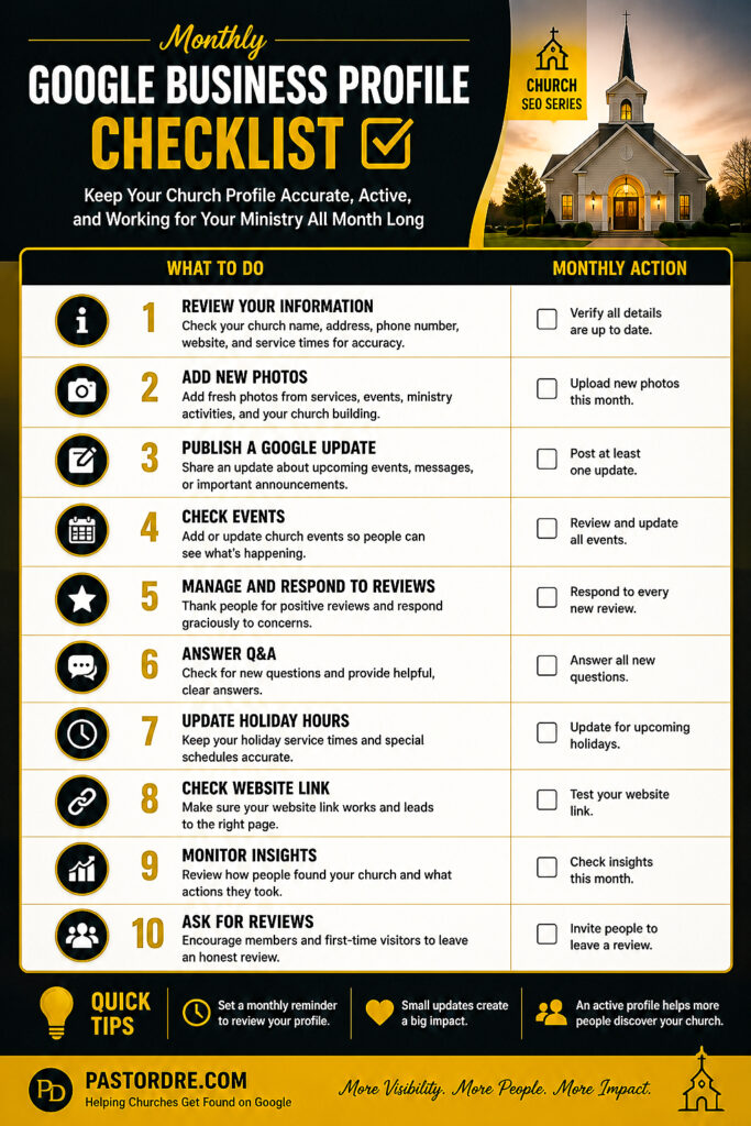 Monthly Google Business Profile checklist for churches with 10 steps for updating information, photos, events, reviews, questions, hours, website links, insights, and review requests.