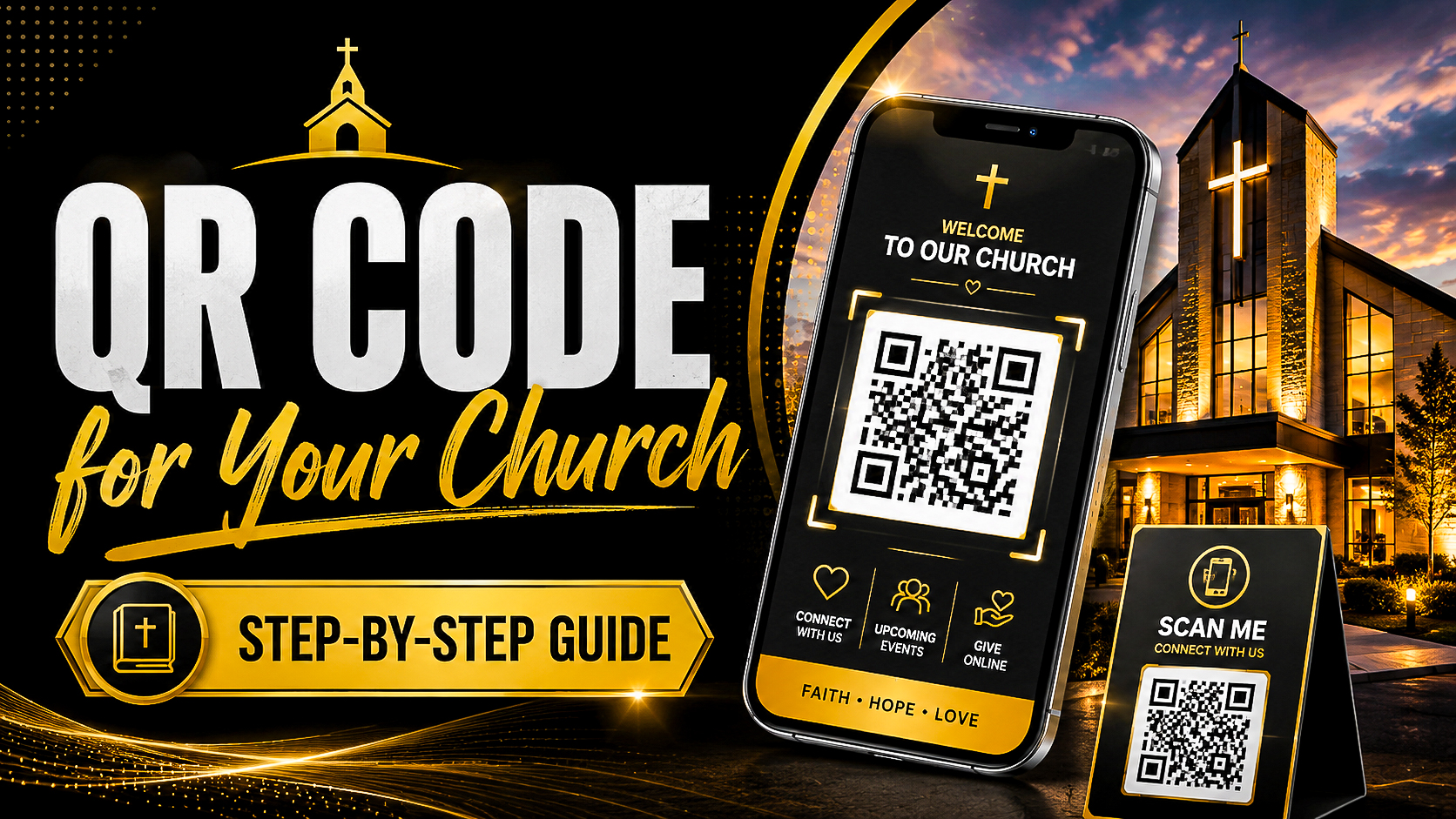 QR code for a church shown on a smartphone beside a modern church building