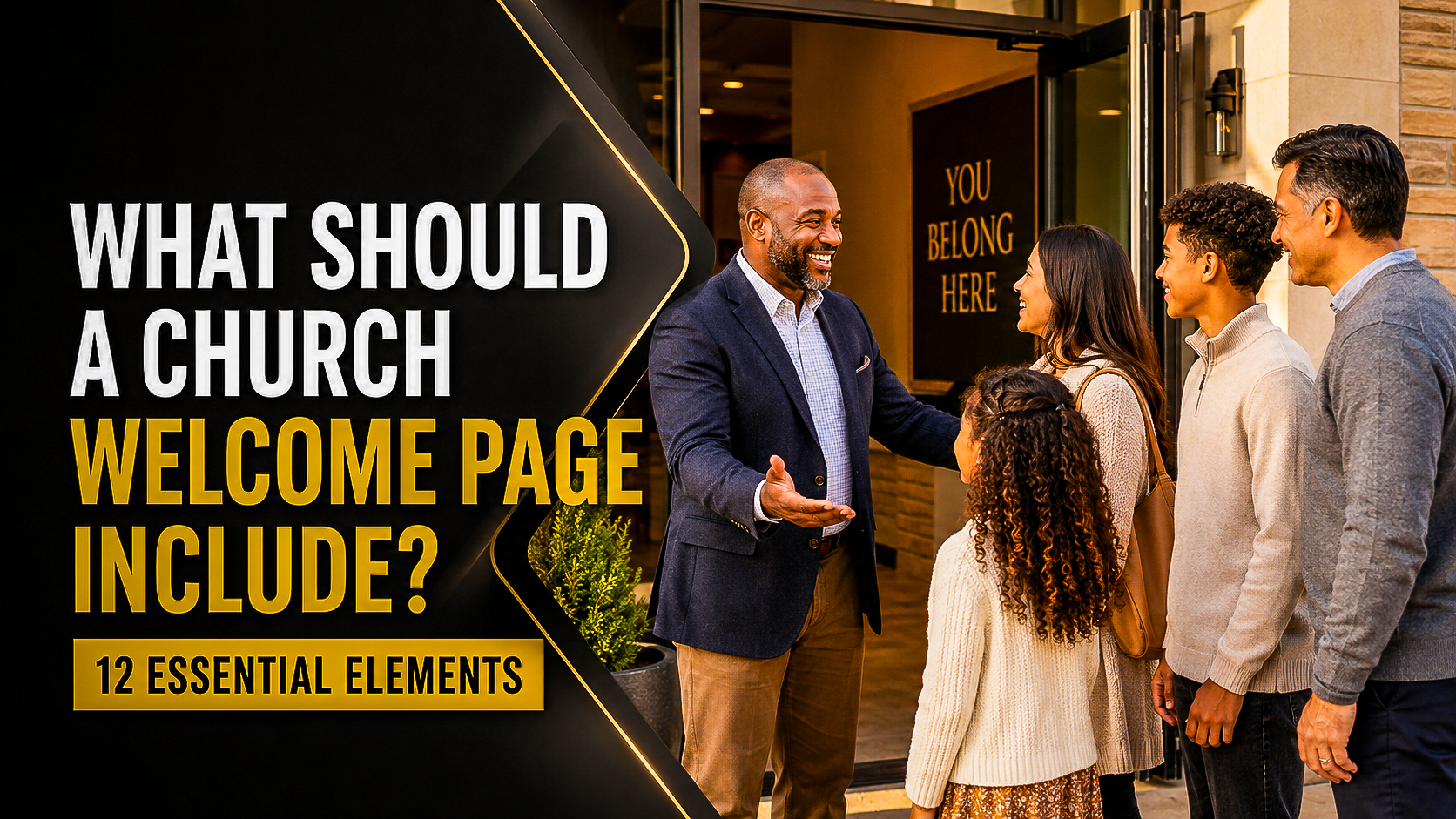 Pastor welcoming first-time visitors outside a church for a guide about church welcome page essentials