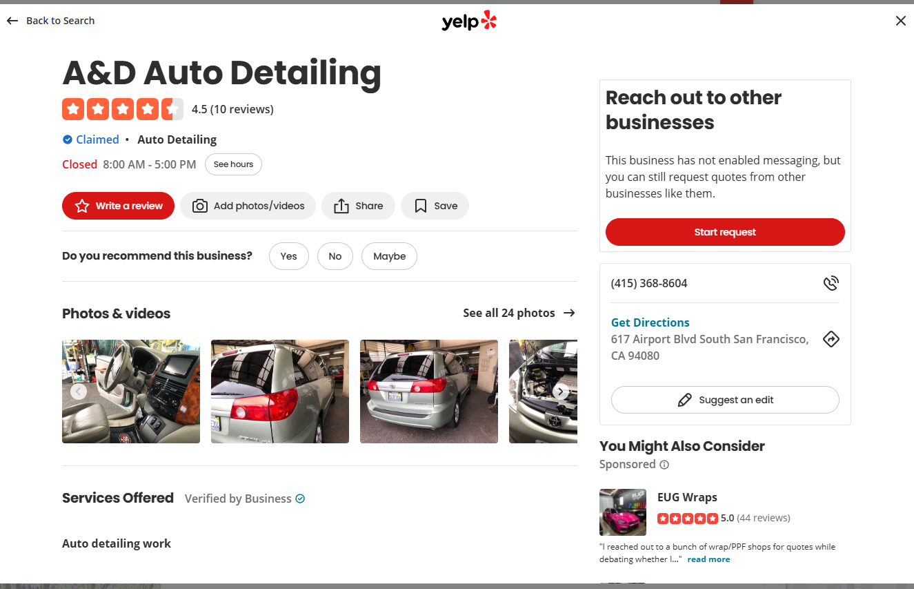 A&D Auto Detailing Yelp listing before website makeover