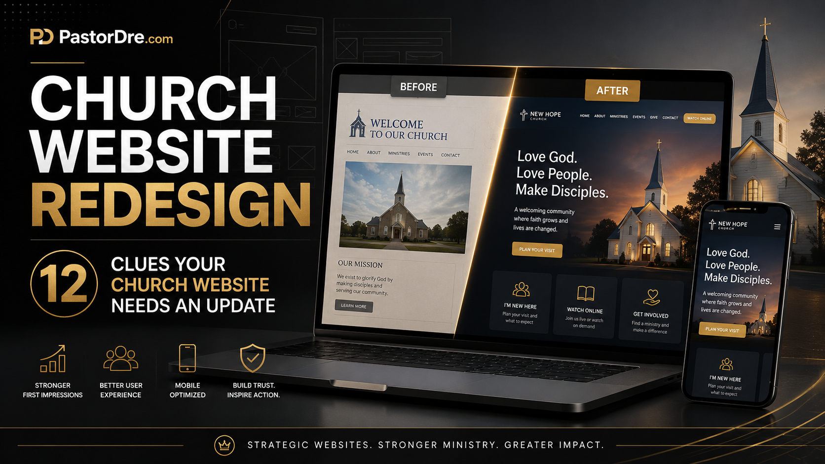 Church website redesign featured image showing a before-and-after church website, mobile design, and 12 clues a church website needs an update.