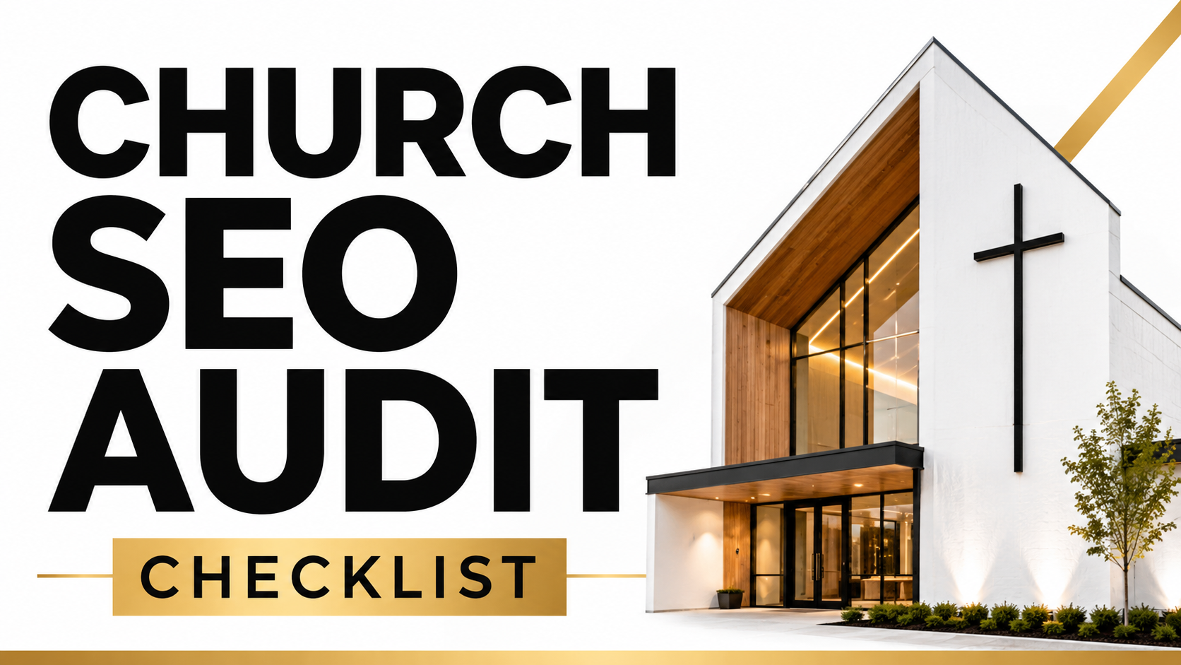 Church website SEO audit checklist with modern church and SEO audit graphic