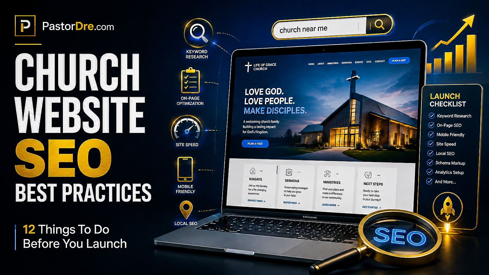 Church website SEO best practices with launch checklist, keyword research, site speed, mobile optimization, and local SEO