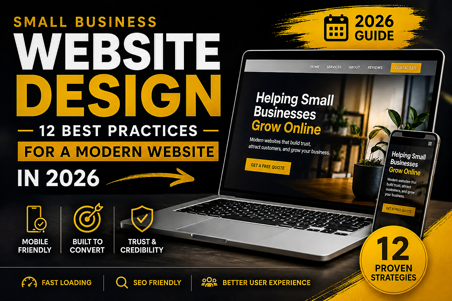 Small business website design best practices for 2026 with modern desktop and mobile website examples