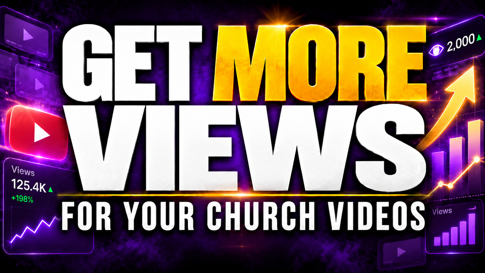 GET MORE VIEWS YouTube thumbnail featuring video analytics, a growth chart, and a play button.